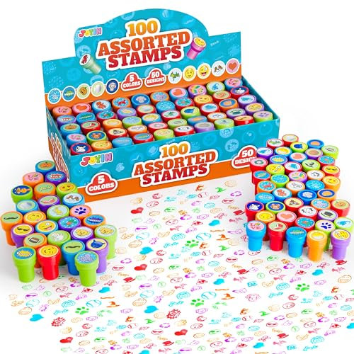 100 Pcs Assorted Stamps for Kids Self Inking Stamps stampers Set for Children, Easter Egg Stuffers, Party Bag Fillers, Teacher Stamps, 5 Colors 50 Different Designs Kids Mini Stamps Set