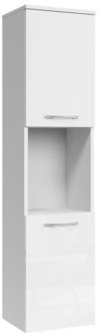 Badplaats Badezimmerschrank Montreal 30 x 30 x 131 cm Weiß Hochglanz - Hoch Badschrank Mit 2 Türen