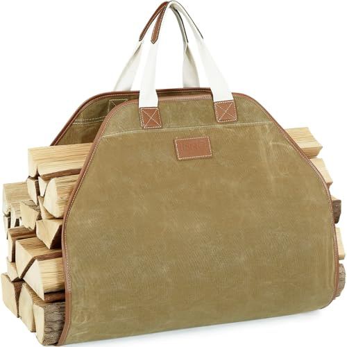 INNO STAGE Canvas Log Carrier Bag,Waxed Durable Wood Tote,Fireplace Stove Accessories,Extra Large Firewood Holder with Handles for Camping Khaki