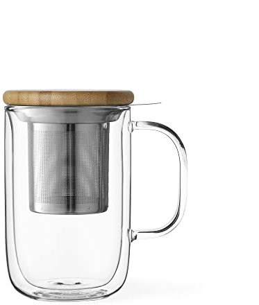 Viva Scandinavia Tazza da tè in vetro borosilicato con coperchio in legno, tazza con infusore rimovibile in acciaio inox, tè sfuso, tè a foglia 0,5 l
