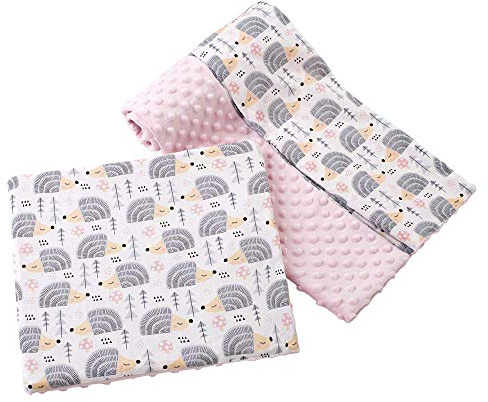 Medi Partners Babydecke Krabbeldecke mit Kissen 100% Baumwolle Minky Kinderdecke groß zweiseitig 75x100 + 35x30cm multifunktional für Bett Kinderwagen (graue Igel mit Hellrosa Minky)