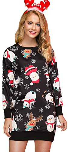 BesserBay Vestido de fiesta suave para mujer de Navidad, manga larga, cuello redondo, divertido vestido midi de Navidad, muñeco de nieve M