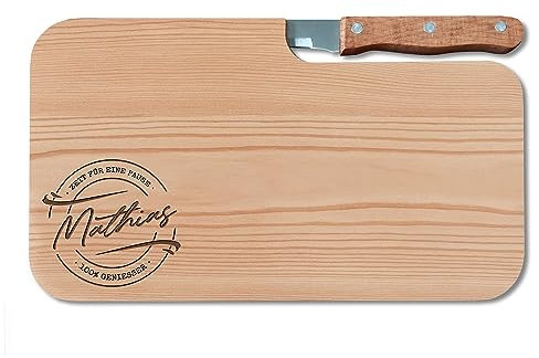 LOOXIS Personalisiertes Frühstücksbrettchen mit Messer, Wunsch-Name graviert – Geschenk-Idee Geburtstag, Vatertag, Muttertag, Frauen und Männer – Erlen-Holz, Vesperbrett, 26x15cm, Motiv 1