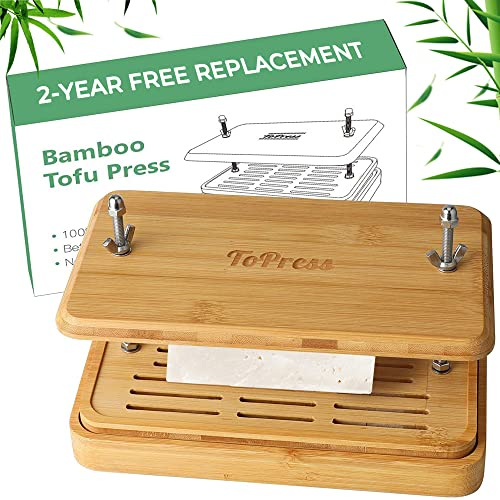 Bamboo Tofu Press Built-in Tofu Strainer and Drip Tray with Cheese Cloth Easily Removes Water from Tofu and Other Foods (Without Spatula)