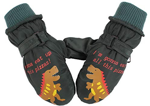 XIAOHAWANG Kids Ski Gloves Baby Boys Winter Dinosaur Glove Toddler Girls Waterproof Mittens 2-8 Years (Blackish Green, S)