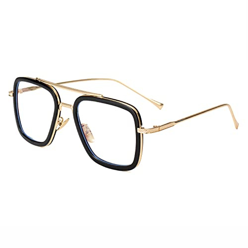 Onrtry Tony Stark Blue Light Blocking Glasses for Men Women Retro Metal Frame Iron Man Spider-Man Eyeglasses (Gold Black Frame)