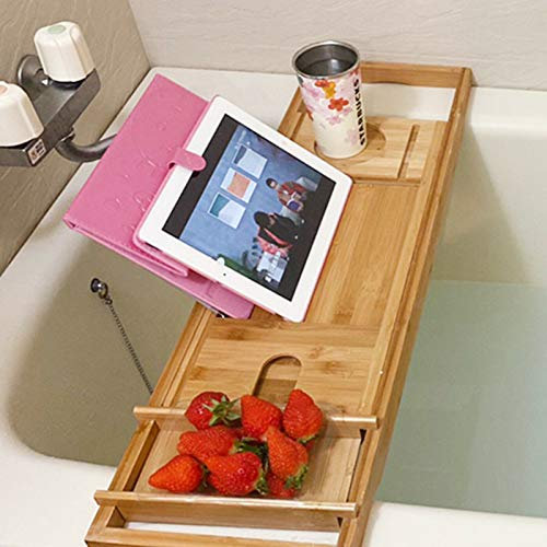 SHZICMY Badewannenablage Bambus, ausziehbar,Badewannentablett mit Weinglas-Halterung, Handy für Exquisite Badeerlebnis, 109 * 23 * 4,5 cm