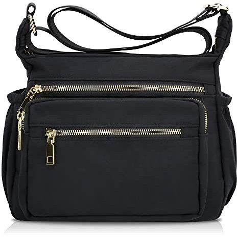 DOB SECHS Nylon Handtasche Umhängetasche Damen Gross,Wasserdichte Reißverschluss Crossbody Bag, Handytasche Zum Umhängen Damen, Verstellbar Abnehmbar Schultergurt, Schwarz