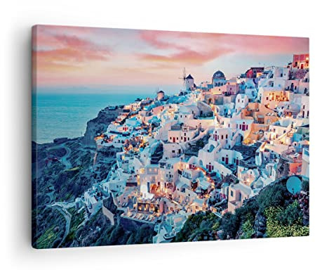 ARTTOR Bilder auf Leinwand 70x50cm Wandbild Architektur Landschaften - 4784 | Santorini Griechenland Sicht Klein Wanddekoration Wohnzimmer Schlafzimmer Wanddeko Wand Kunstdruck Wandkunst ARTTOR