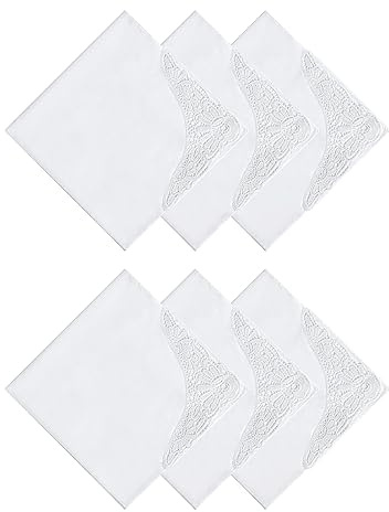 HOULIFE Taschentücher Hochzeit – Kleine Stofftaschentücher Damen, Taschentuch Hochzeit aus Gekämmte Baumwolle Weich Weiße Blumen Stickereien mit Spitzen, 35x35cm (Weiß 1, 6 Stücke)