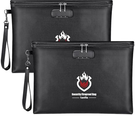 Tamfile 2 Stück 37 x 26cm Feuerfeste Tasche, Feuerfeste wasserdichte Dokumententasche mit Schloss, Große Kapazität Aktentasche für A4 Dokumente, Tablet, Passport, Bankdatei, Geld, Wertsachen, Schwarz