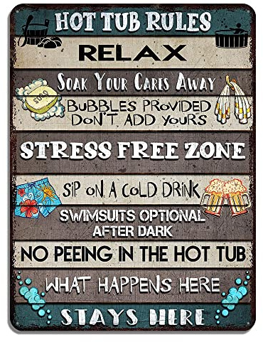 V VIBEPY All Over Printed Hot Tub Rules Metal Sign 12x16 Inches, Hot Tub Sign, Funny Rules Sign, Bathroom Metal Sign, Decorations Sign, Outdoor Metal Sign, Hot Tub Rules Sign (Hot Tub Rules)