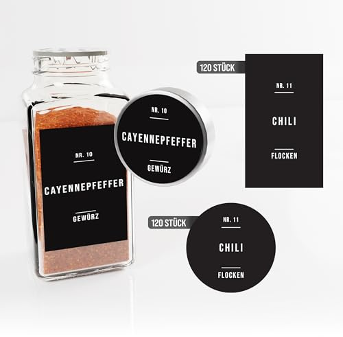 colortouch Gewürzetiketten Selbstklebend, 240 Stück Aufkleber Gewürzetiketten (Rund und Eckig), Vorratsetiketten, Gewürz Sticker, Wasserfest Minimalistisch Schwarz Gewürzgläser Etiketten