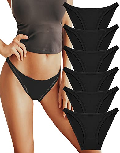 FINETOO 6 Pack String Underwear for Women Cotton High Cut Stretch Breathable Low Rise Hipster Cheeky Bikini Panties S-XL