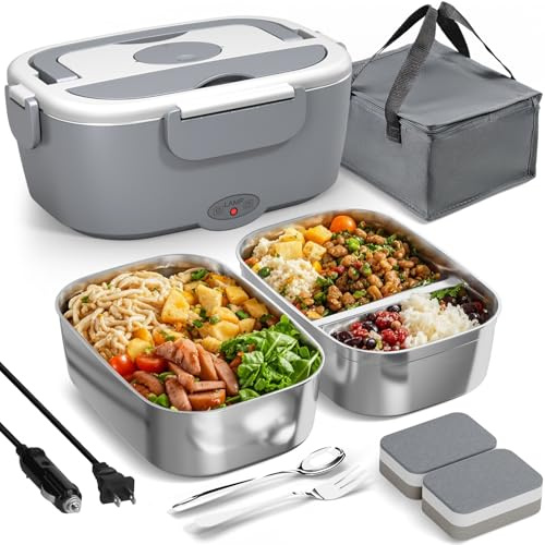 Sitlais Electric Lunch Box for Adults 80W Fast Heating, 1.5L Portable Food Warmer with 2 Stainless Steel Containers, 12V/24V/110V Heated Lunch Box for Car, Truck, Office, Travel, Leak-Proof Design