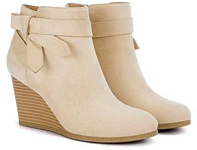 Coutgo Womens Wedge Booties Fall Ankle Boots Tie Knot Stacked Heeled Side Zipper Winter Dress Shoes, Beige, Size 6