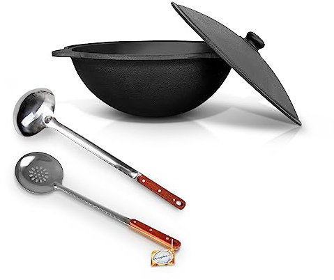 Gusseisen Kazan 12 L – Usbekischer Kasan mit Aluminiumdeckel, Schöpfkelle (44–47 cm) & Schaumlöffel (48 cm) – Ideal für Plov, WOK, Feuerofen – плов казан