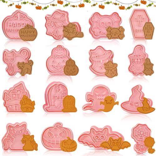 BGTLJKD 16 Ausstechformen für Halloween, 3D, Gebäck, Kunststoff, Kinder, 3D, Keksform, Kunststoff, Keksform, für Dekoration von Fondant, Keksen, Keksen