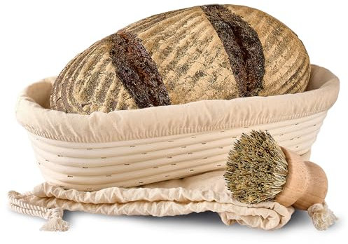 Praknu Cestino per Lievitazione del Pane - Ovale - In Rattan Sostenibile - 35 cm - Kit con Spazzola, Fodera di Lino & Sacchetto per il Pane