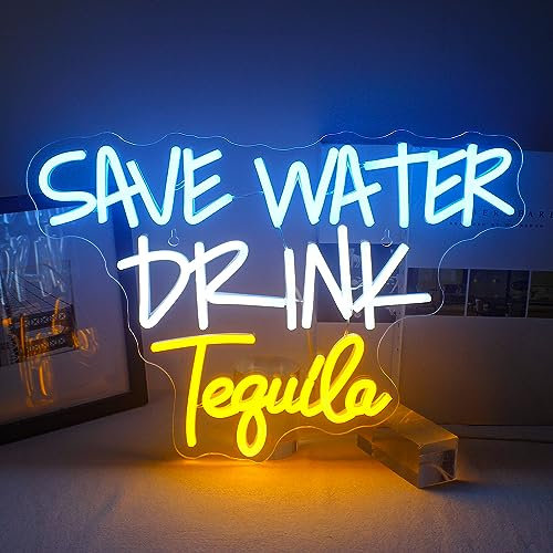 Horseneon Save Water Drink Tequile Insegna Neon, Insegna LED Neon Bar Risparmio Acqua Bere Tequile Scritta Luminosa Pubblicitaria per Parete, Luce Neon Colorata per Pub Casa Birra Bar Club Man Cave