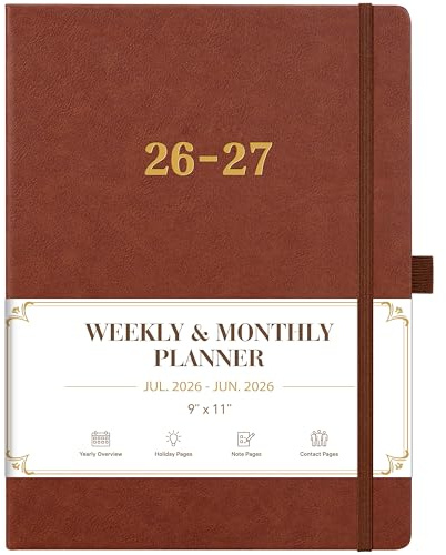 Vondafe 2026-2027 Planner - Weekly and Monthly Planner 2026-2027, Jul. 2026 - Jun. 2027, 9 x 11, 26-27 Calendar Planner with Inner Pocket + Elastic Closure + Pen Loop + Bookmarks, Leather Hardcover - Brown