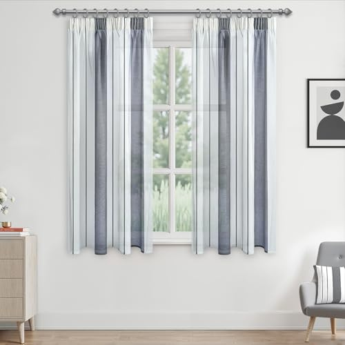 MRTREES Gardiner för skena, vertikala breda ränder, köksgardiner för fönster, utomhus, vit, genomskinlig, grå, 2 x B 140 x L 122 cm