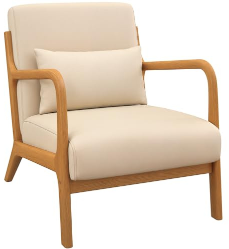 HOMCOM Butaca de Salón Butaca Nórdica Sillón de Salón con Reposabrazos Cojín y Marco de Madera de Caucho para Dormitorio Carga 120 kg 61x78x76 cm Beige