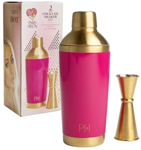 Paris Hilton 2-Piece Cocktail Shaker Set, Double Wall Insulated Stainless Steel Mixer with Built-In Strainer and Double-Sided Jigger, 20-Ounce, Gold and Hot Pink