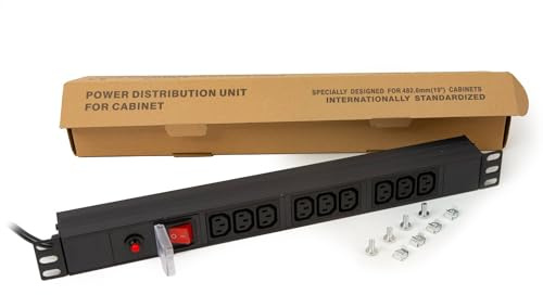 Connetto multipresa CO10052 9 prese femmina IEC C13 per armadi rack 19 con protezione sovraccarichi e cavo 1,75 metri in metallo dimensioni 48,5x4,5x4,5 cm confezione 20 unità. Alette reversibili.