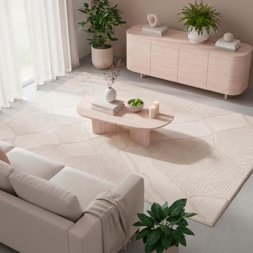 TESSO LIVING Tappeto Soggiorno a pelo alto - 120cm x 160cm - unicolore Bianco - Motivo a linee alte e basse - Effetto 3D - Tappeto shaggy per camera da letto, Boho, Scandi