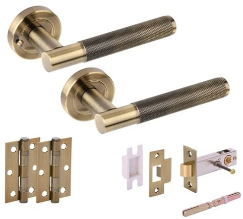 Hunta HANDLEZONE® Evo Knurled Grip Privacy Door Handle Pack, Complete with Lever Handles, 76mm Latch, 75mm Ball Bearing Hinges - Antique Bronze