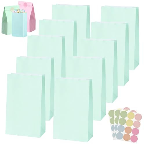 30 st babygrön presentpåse i papper, pastell festpåsar för barn, vuxenfester, liten födelsedagsfest partyfavör godispåse, kraftpapperspåsar med 36 klistermärken för presenter, jul, bröllop, påskfester