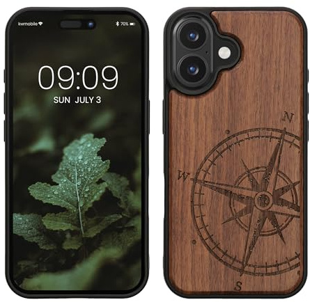 kwmobile Handyhülle für Apple iPhone 16 Hülle Holz - Case mit TPU Bumper - Stoßfestes Hardcase - Schutzhülle Cover in Dunkelbraun