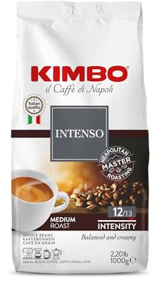 Kimbo Caffè in Grani - 4 Pack da 1 kg - Miscela Intenso, Note di Pan Tostato e Spezie, Intensità 12/13, Tostatura Media