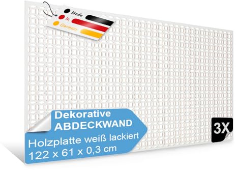 PEGBOARD - DHAKA Lochwand 122 x 61 x 0,3 cm MDF Holzplatte weiß lack - Hergestellt in Deutschland - Heizkörperverkleidung, Türfüllung, Paravent oder Lüftungsgitter - Dekorative Lochplatte [Dreierpack]