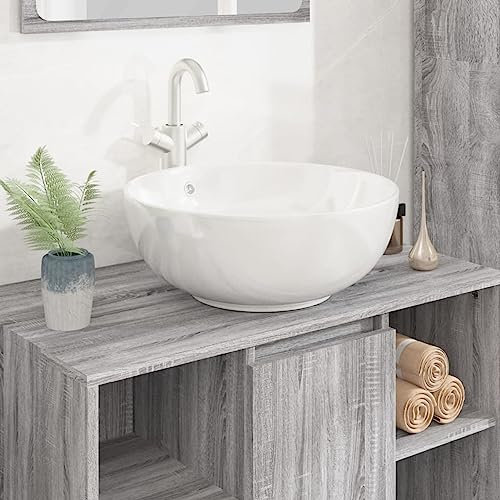 Sufrk Lavandino Bianco 44x17 cm in Ceramica Rotondo-Ceramica,Finitura Bianco Lucido - Lavandino Design Moderno Bacinella Lavamani Lavello Sanitari Bagno