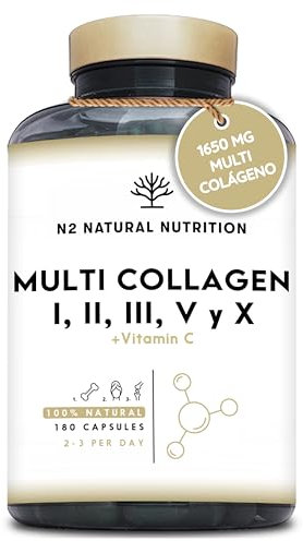 Multi Collagen 1650mg Type I, II, III, V, X. Bovine, Marine Collagen Peptides 180 Capsules Enhanced with Vitamin C, for Joint Care, Skincare & Hair High Strength Collagen N2 Natural Nutrition