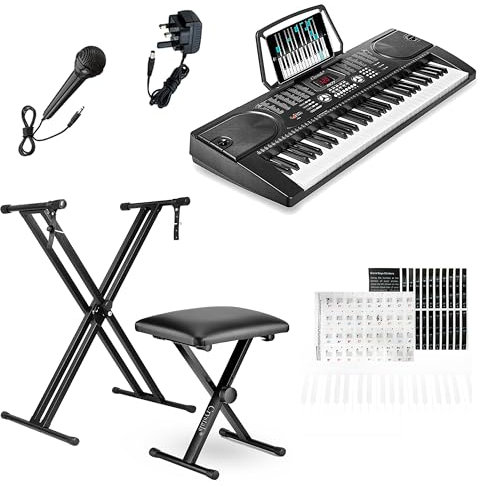 Crystals 61-Key Electric Keyboard Digital Piano Instrument Set with Microphone, Double Braced Adjustable Stand & Padded Stool - Portable Keyboard for Beginner Musicians - Black