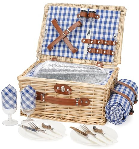Picknickkorb für 2 Personen, Picknickkorb-Set mit Kühlfach und wasserdichte Picknickdecke, Besteck Set, Handgefertigtes Weidenkorb Picknick Korb Geschenk für Camping, Strand, Wandern (BlauCheck)
