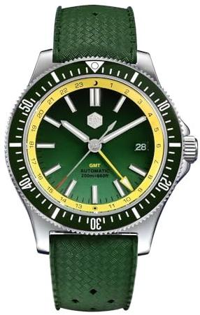 San Martin Original Design 41 mm GMT Taucheruhr NH34 automatisches mechanisches Schnellverschluss-Armband wasserdicht 200 m leuchtend SN0119, Grün Fkm, Klassisch
