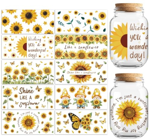 Peacoblue Envoltorios de Transferencia de Taza DTF UV con Pegatinas de Girasoles Y Mariposas, 10 Hojas de Vinilo Personalizado Impermeable 16oz Pegatinas para Tazas de Café, Vasos, Botellas Y Tazas