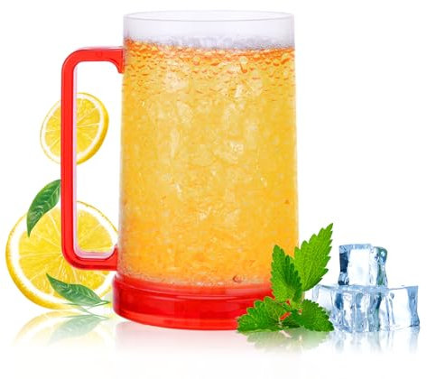 ACTOYS Boccale di Birra Refrigerante Bicchieri Freezer Birra, 450 ML Bicchiere Birra Doppia Parete, Boccale Birra in Plastica, Boccali da Birra con Manico, Tazza Birra per Mantenere Fresche (Rosso)