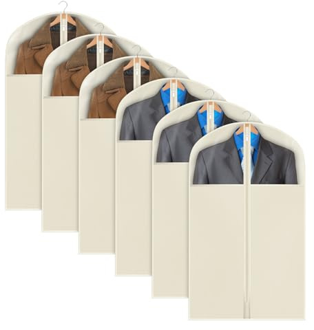 KEEGH Kleidersack 101cm x 60cm (6er Set), Anzugtasche Herren Kleiderhülle mit Reißverschluss Atmungsaktive Anzugtaschen für die Aufbewahrung im Kleiderschrank oder auf Reisen, Beige