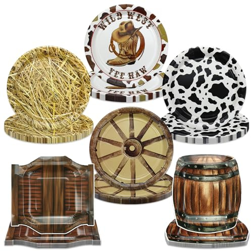 APUXXJUPA 60 Pcs Western Cowboy Party Plates, 9'' Wild West Theme Print Plates for Cowboy Baby Shower Decorations Western Party Decorations