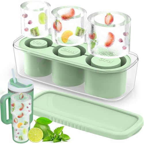 Eiswürfelform Silikon für Stanley Cup, Wiederverwendbare Eiswürfelbehälter Silikon mit Deckel und Behälter, BPA Frei, 3 Fach Groß Hohlzylinder Eiswürfel für Cocktails, Whisky, Getränken,Kaffee