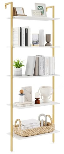COSTWAY Scaffale a Scala a 5 Ripiani, Libreria da Parete Salvaspazio in Legno Moderno, Scaffale Portaoggetti per Soggiorno, Studio e Camera da Letto, 64 × 30 × 178 cm, Bianco