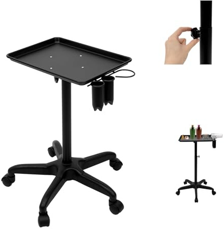 Carro de peluquería con ruedas para salón de belleza, altura ajustable, 64 – 108 cm, carrito profesional para tatuajes con ruedas de 360° y soporte para herramientas, espacio de almacenamiento