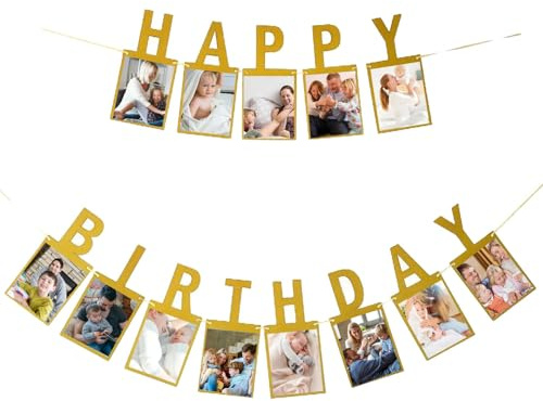 Happy Birthday Photo Banner – Rustic Vintage Kraft Cardstock Decoration, Customizable Photo Bunting for Birthday Party, DIY Memory Banner, Reusable Party Décor for Kids, Adults, and Family Celebration