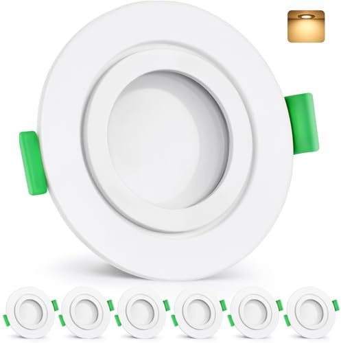 GeyouLux LED Einbaustrahler 230V IP65, 5W 600LM Deckenspots, Einbauleuchten 65-75mm, 2700K Warmweiß Ultra Flach Einbauspots für Badezimmer Küche Rund Weiß LED Spots 6er Set