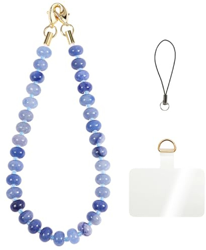 CH.yishi Handmade Natural Gemstone Crystal Beaded Charm Cell Phone Camera Lanyard, Hands-Free Wrist Strap, Phone Chain String, Keychain Decor for Walle (Blue Aventurine﻿)